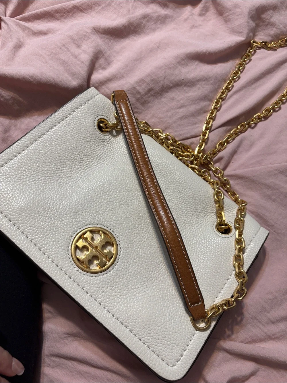 Tory Burch Cream Pebbled Leather Chain-Handle Shoulder Bag with Gold Hardware